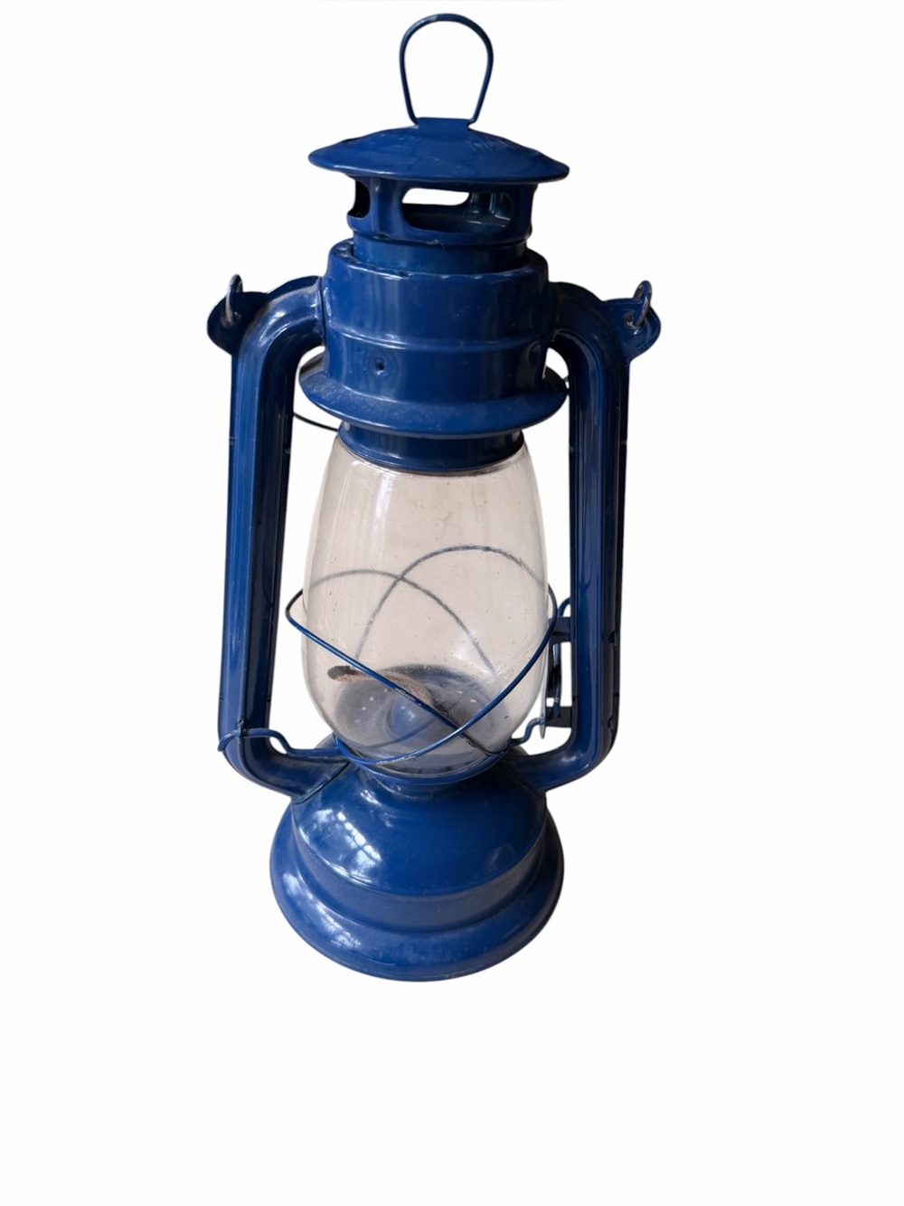 Blue metal replica hurricane lantern lamp, 12 inches tall
